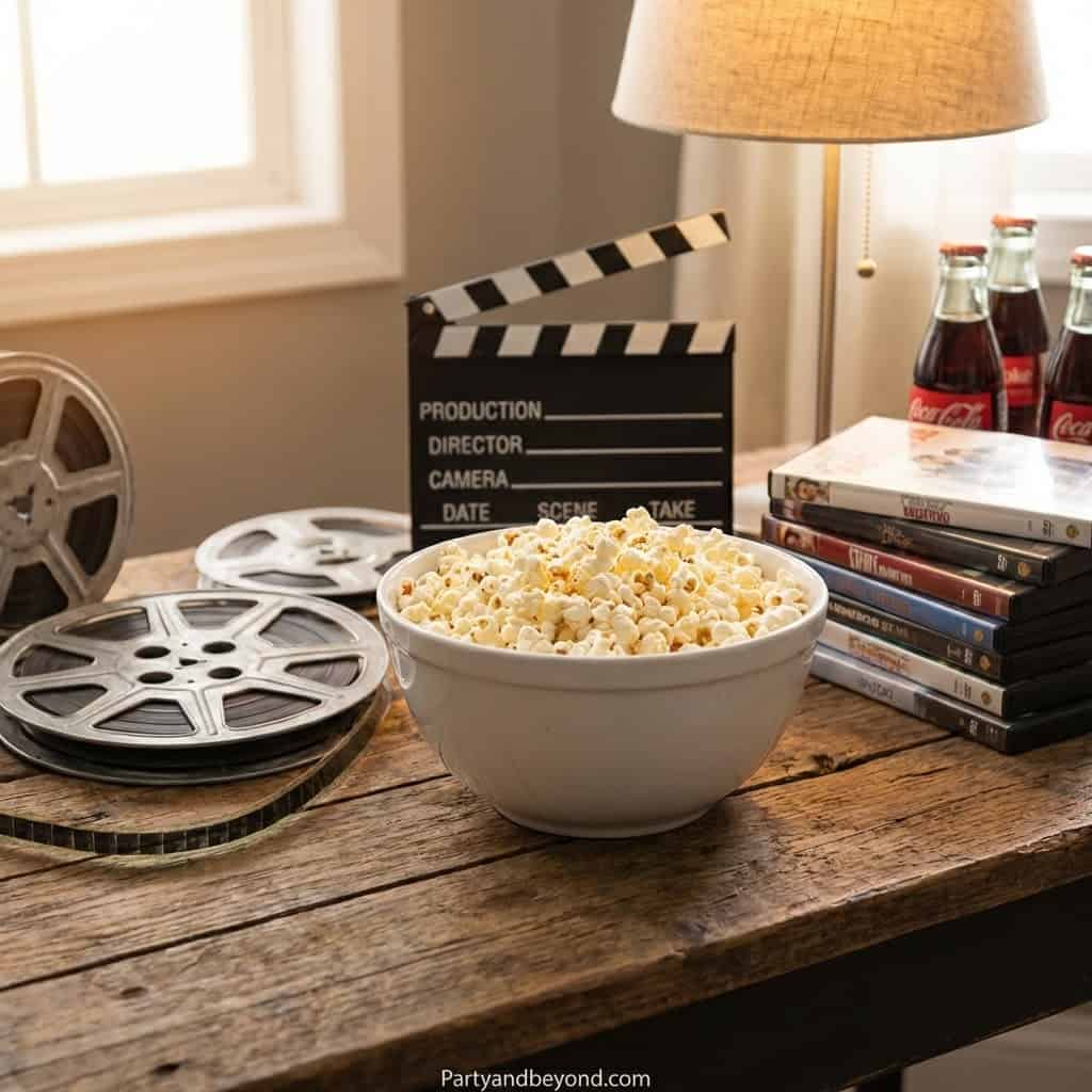 Popcorn bowl with popcorn, film reels, and a clapperboard on a rustic table for a movie-themed party.