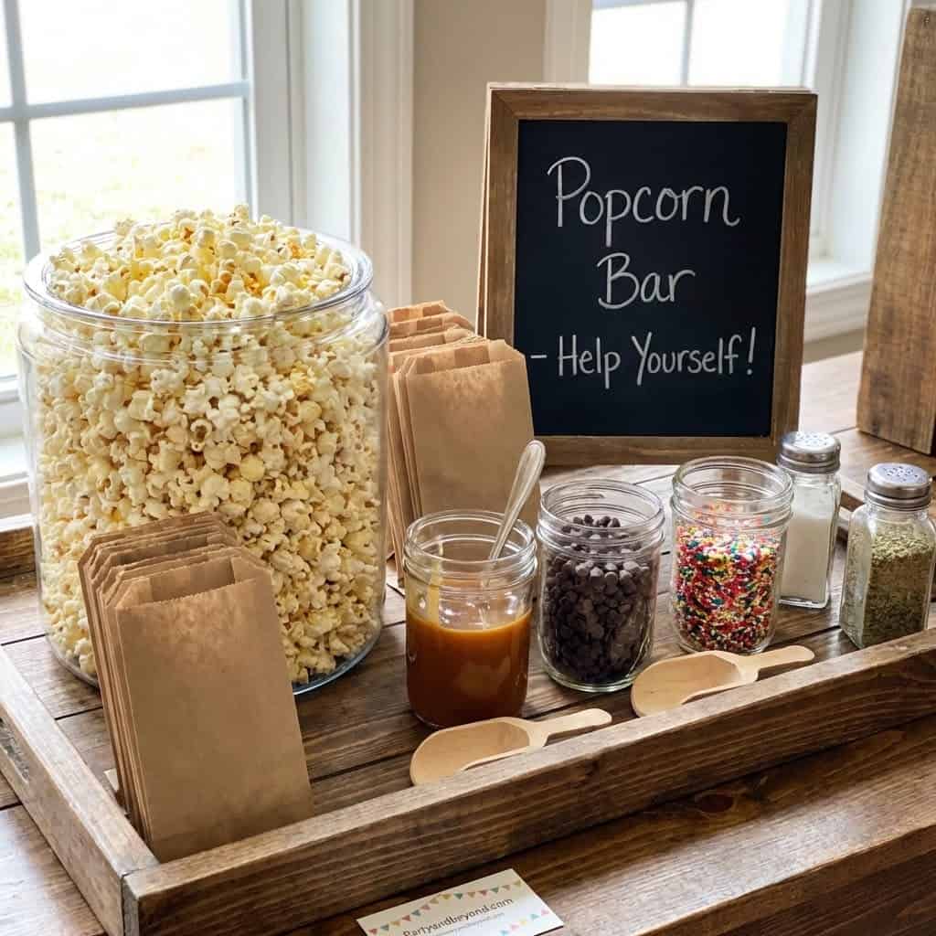 Popcorn bar setup with toppings for a fun party snack station.