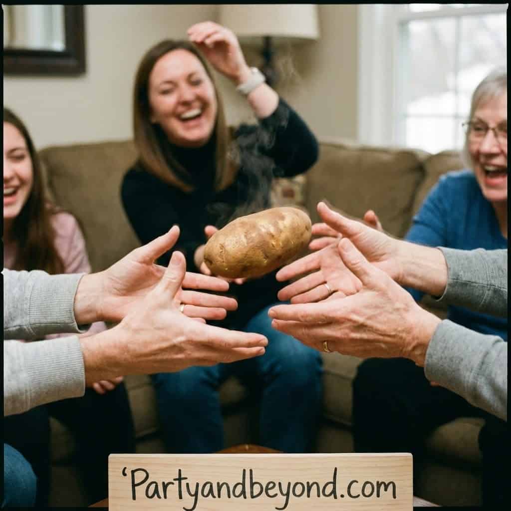 Kids playing potato pass game during a birthday celebration indoors.