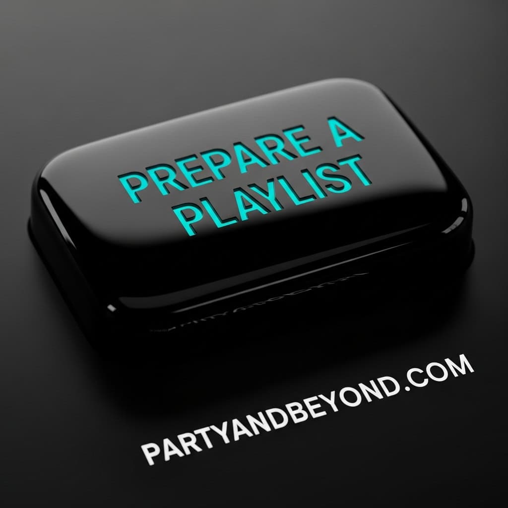 Black playlist device with glowing text "Prepare a Playlist" for adult party planning.