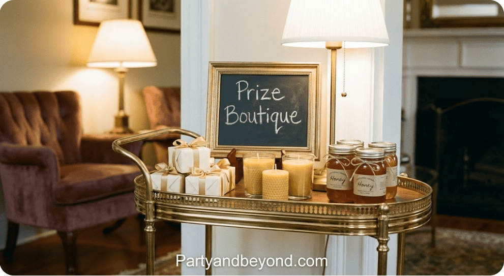 Elegant prize boutique with gifts and jars at a carnival wedding game station.