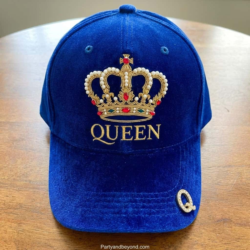 Blue "Queen" crown embroidered cap for graduation or celebration events.
