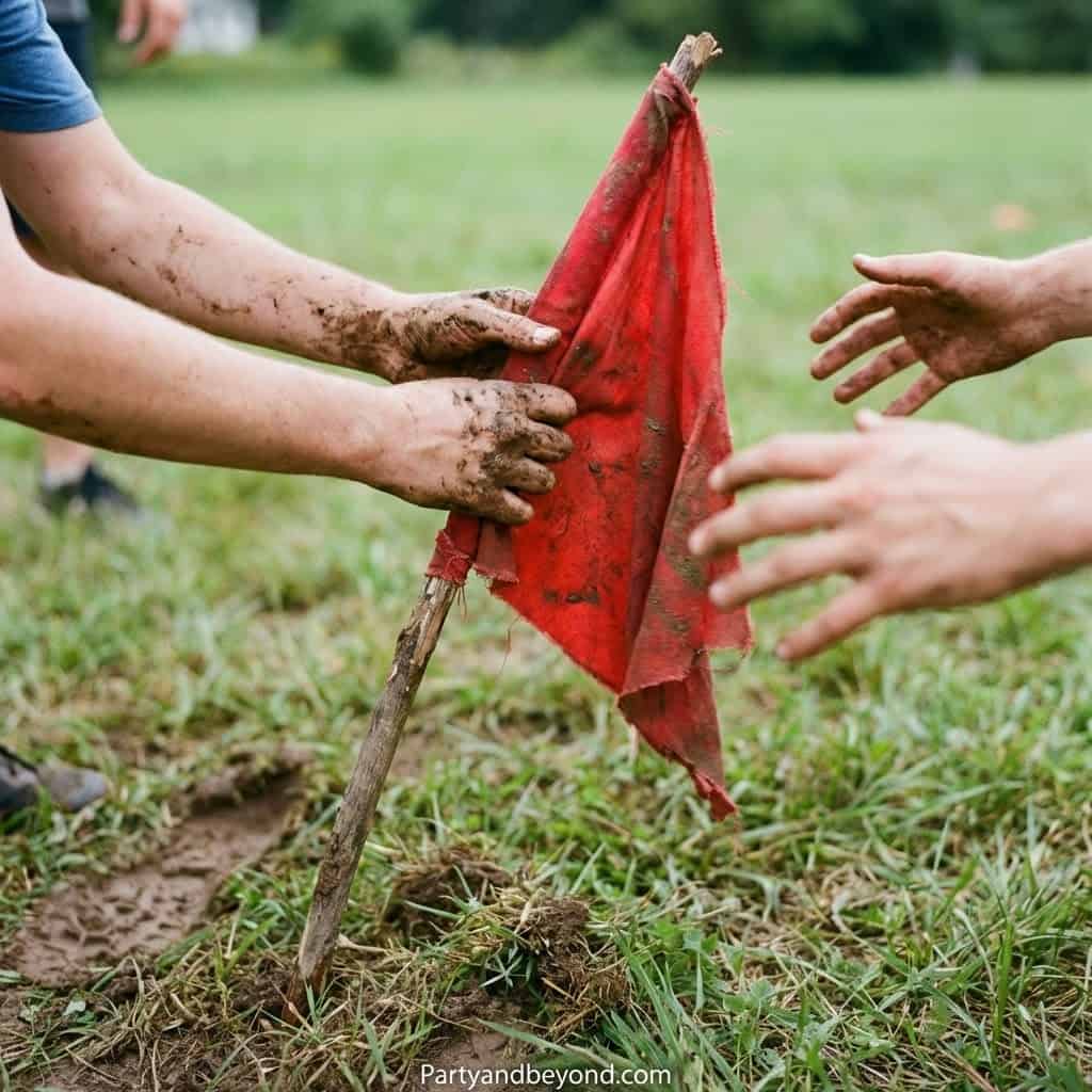 Kids planting a flag in the ground during outdoor game activity.