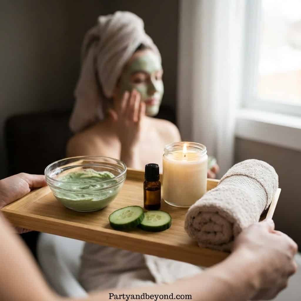 Relaxing spa treatment with face mask, candles, and cucumber slices for a stylish birthday celebrati.