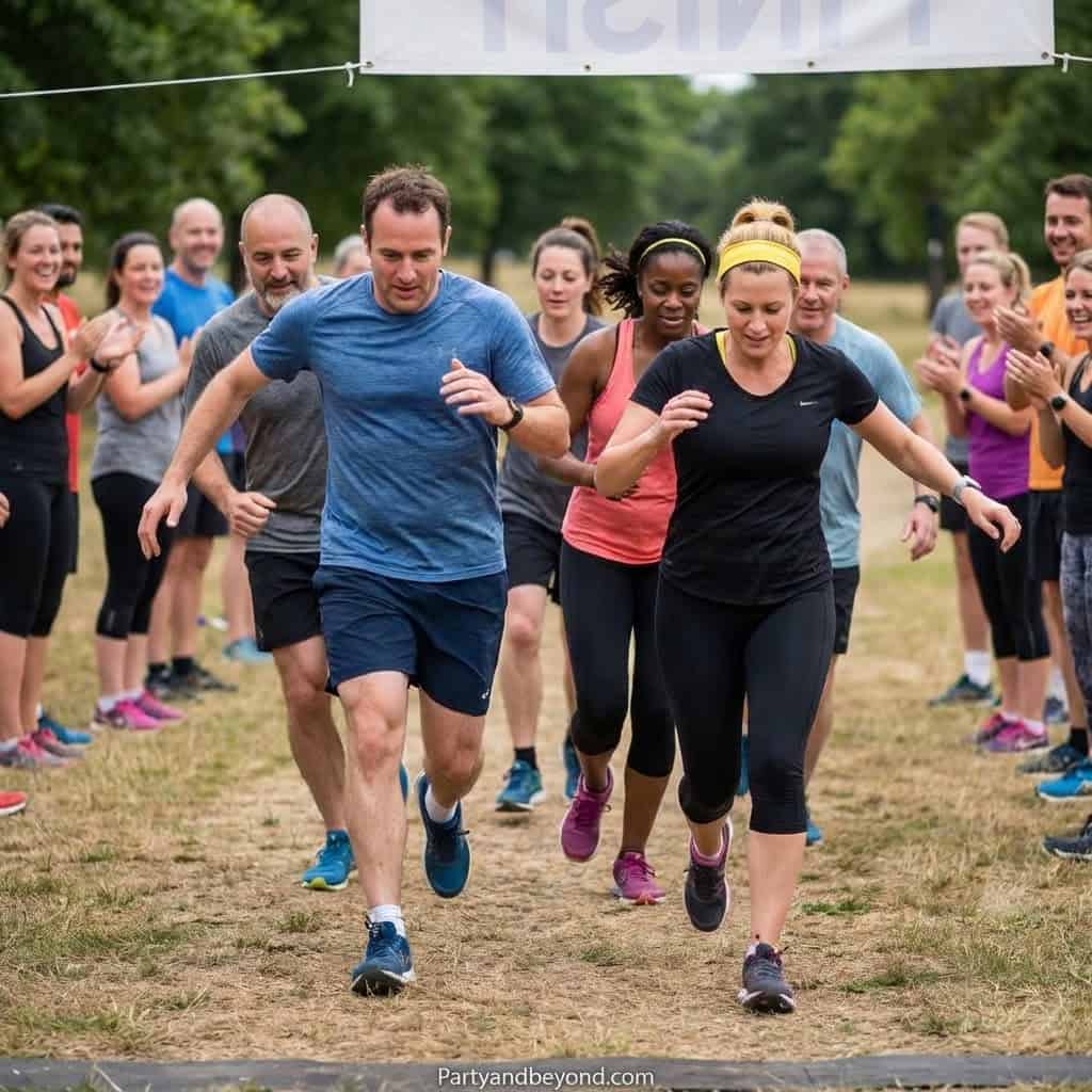 Kids and adults participating in a fun running race at a birthday party outdoors.