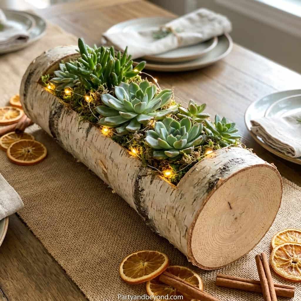 Decorative log centerpiece featuring succulents and warm string lights for a cozy birthday celebrati.