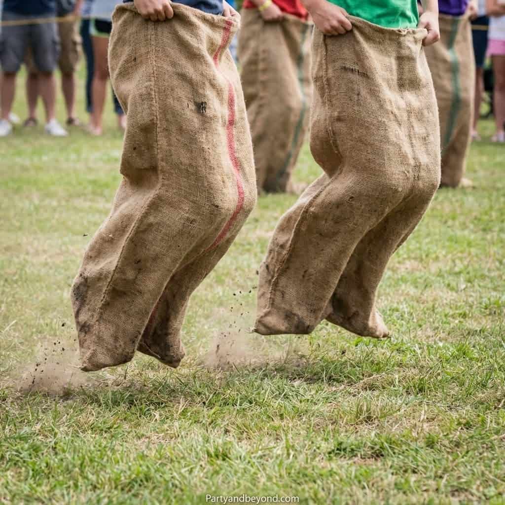 Boys participating in a sack race at a fun outdoor party event.
