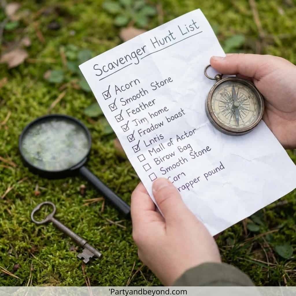 Person holding a scavenger hunt list with a compass and key outdoors.