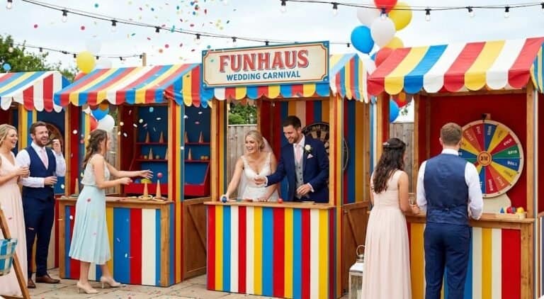 Fun carnival wedding game booth with colorful stripes and balloons at a wedding event.