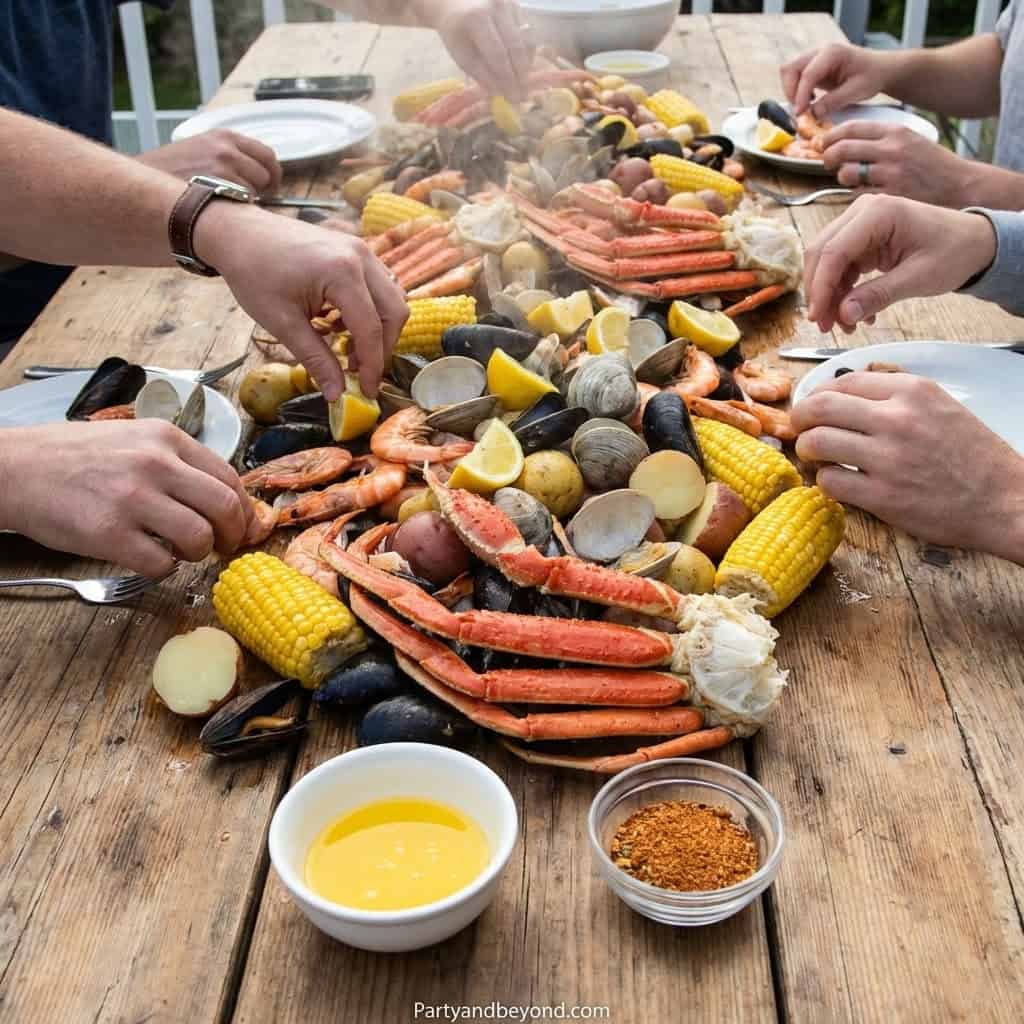 Seafood boil with crab, shrimp, clams, corn, and lemon slices at beach birthday celebration.