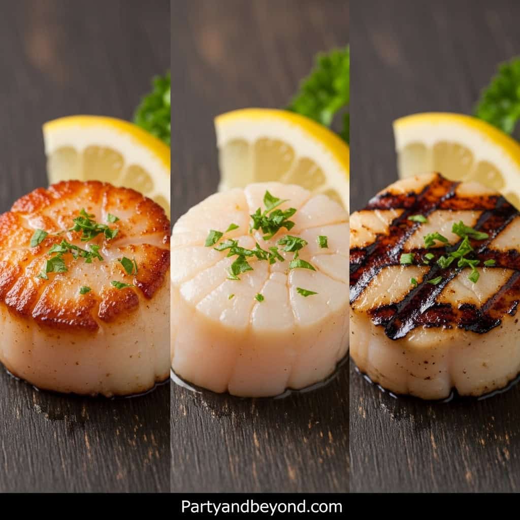 Seared scallops topped with herbs and lemon wedge, perfect for dim sum or dumpling party.