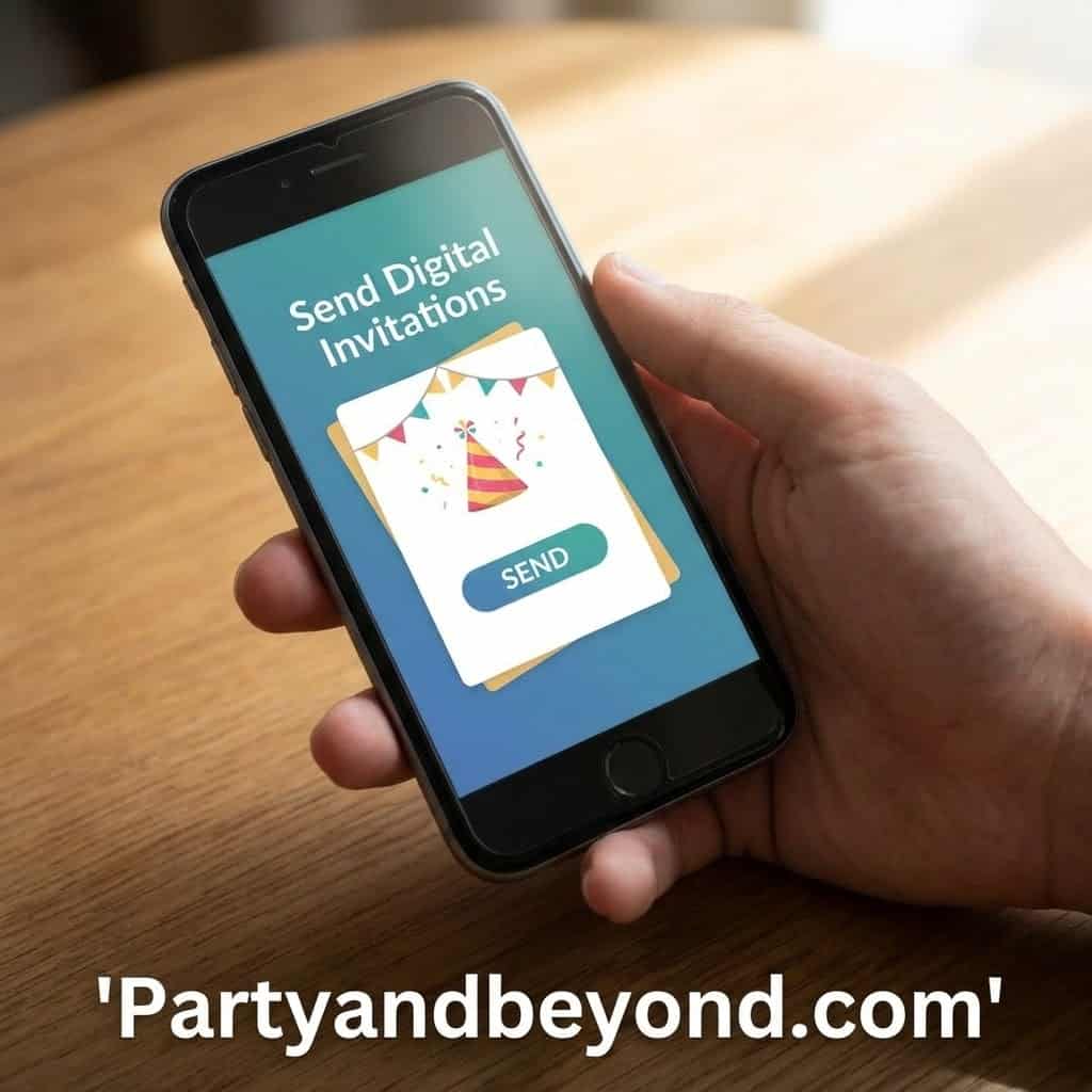 Hand holding smartphone with digital invitation for party planning and event invites.