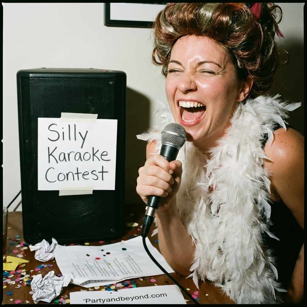 Woman singing into microphone at karaoke contest with "Silly Karaoke Contest" sign.