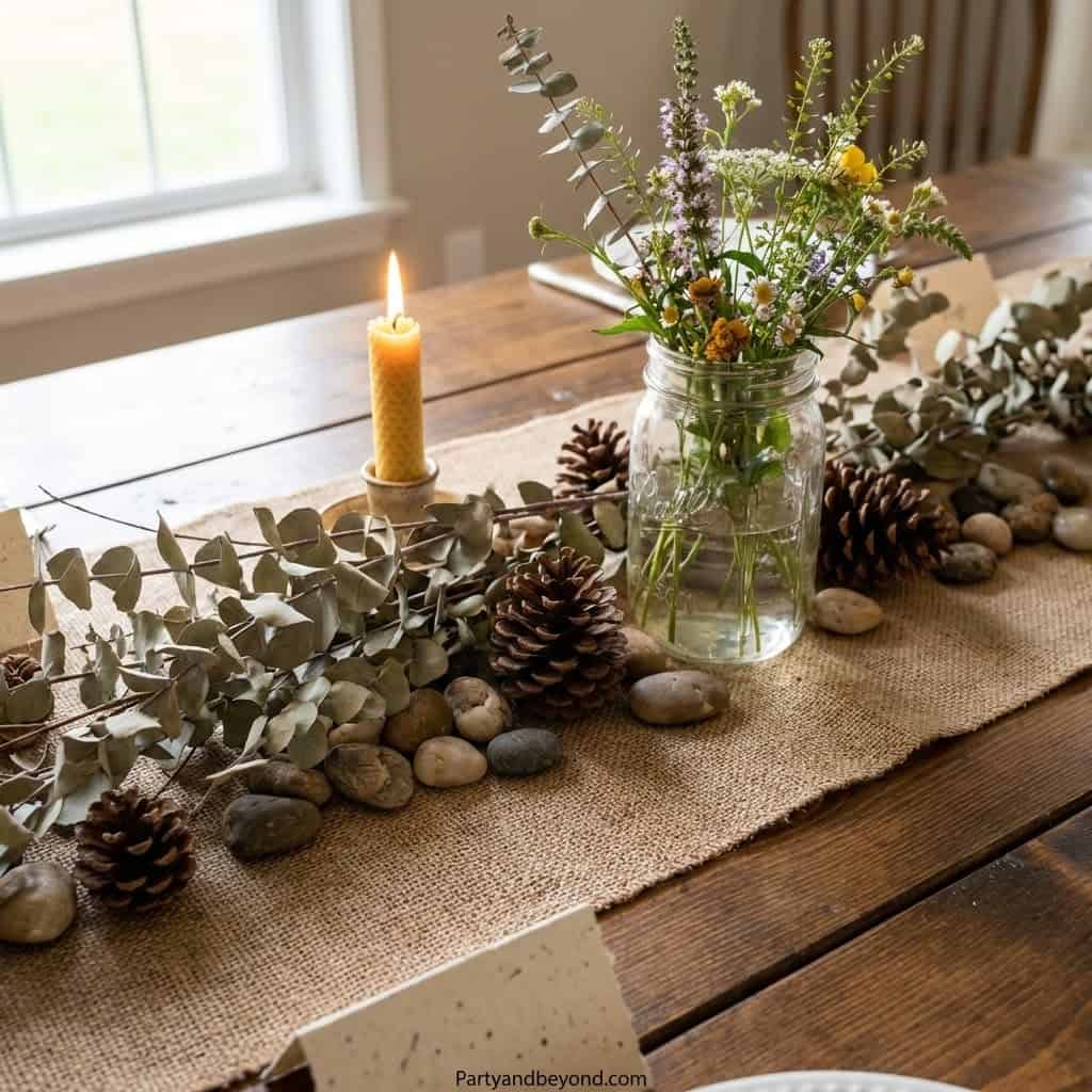 Elegant rustic floral arrangement with candles and pinecones for budget-friendly party styling.
