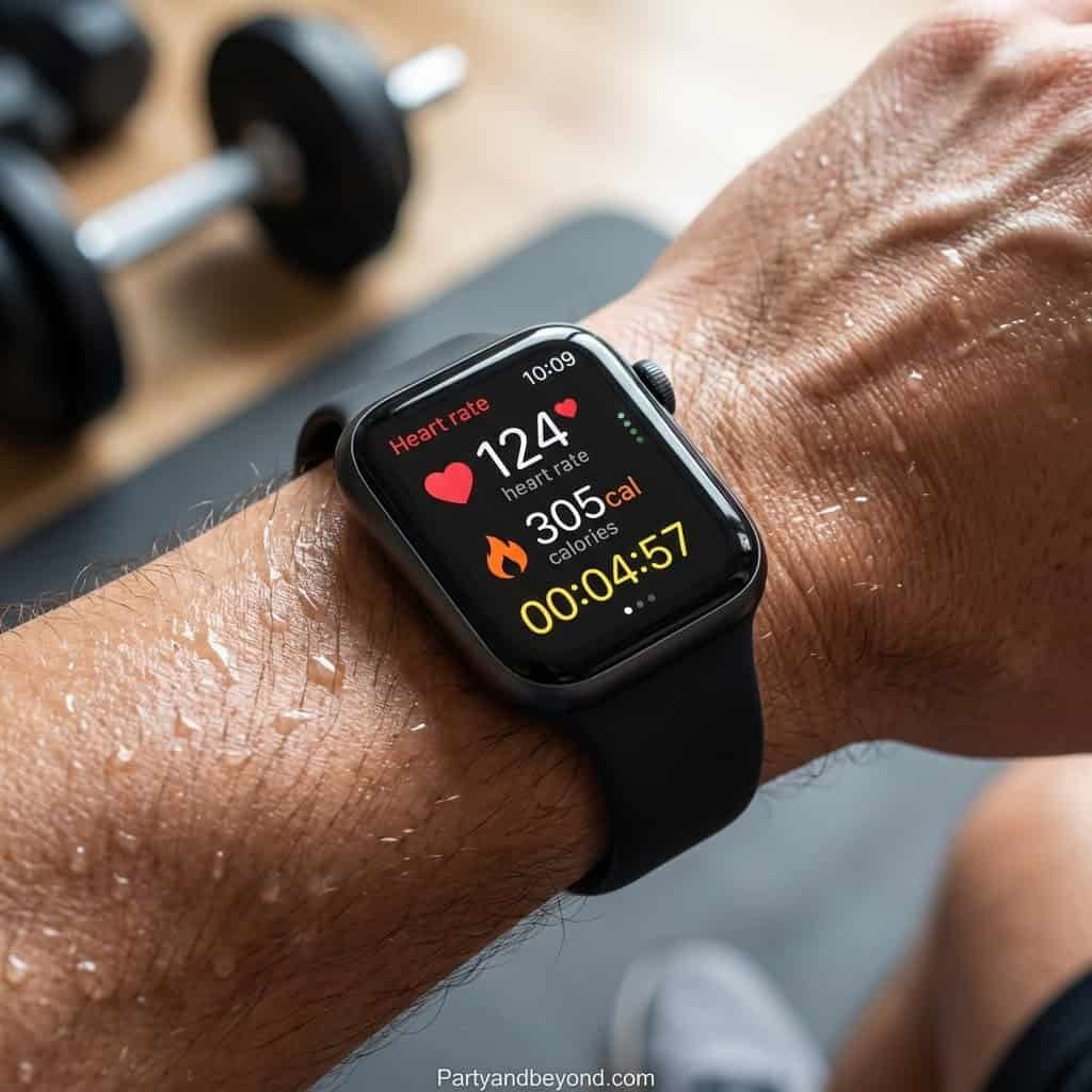 Smartwatch displaying heart rate, calories burned, and workout duration.
