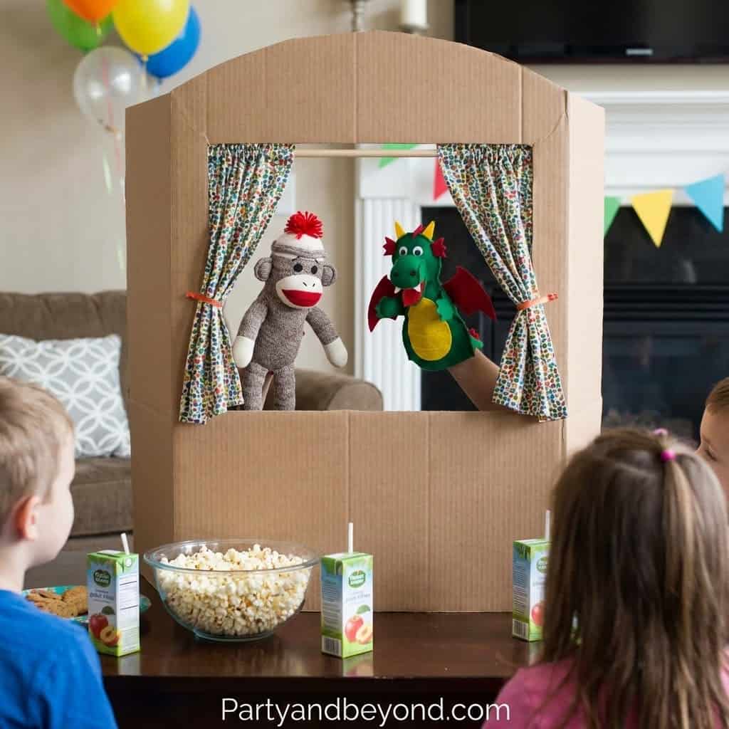 Interactive sock puppet theater with plush characters for kids' birthday celebrations.