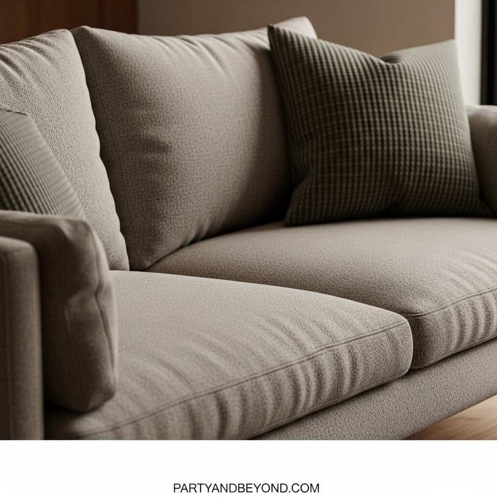 Comfortable beige sofa with cushions, perfect for adult party and gift gatherings.