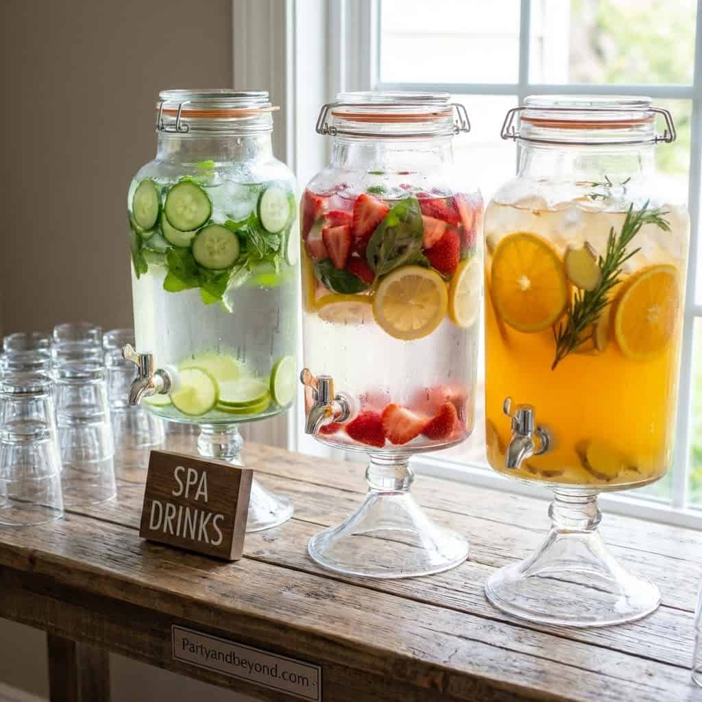 Refresher infused water jars for kids' spa party ideas.