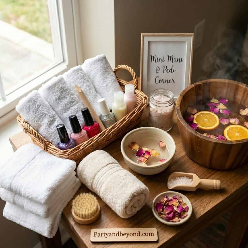 Kids' spa party setup with towels, nail polish, and relaxing bath ingredients.