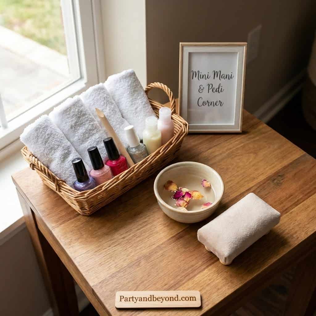 Kids' spa nail station with towels, nail polish, and relaxing decor for a fun kids' spa party.