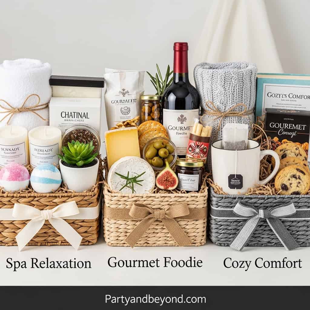 Luxurious spa relaxation gift basket with skincare, candles, and plush towels.