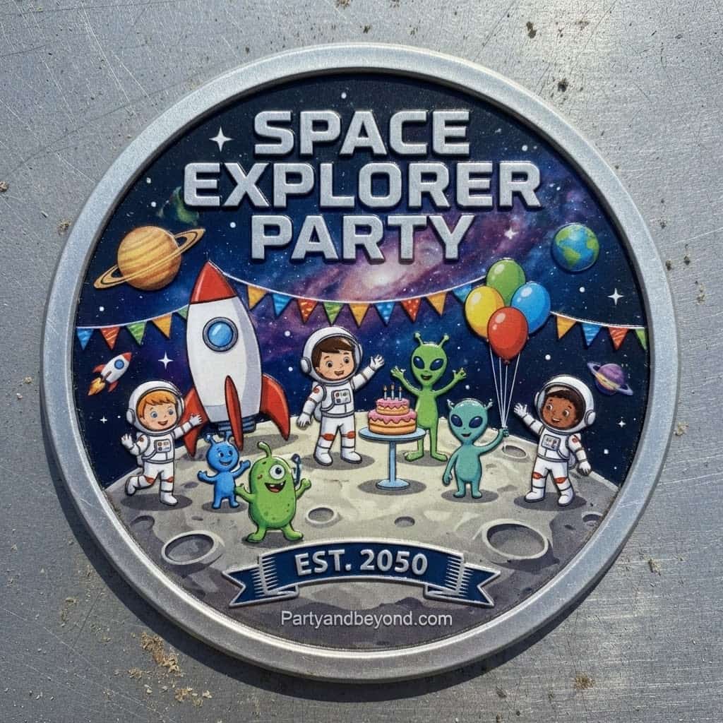 Space-themed kids party sign with astronauts, aliens, and balloons.