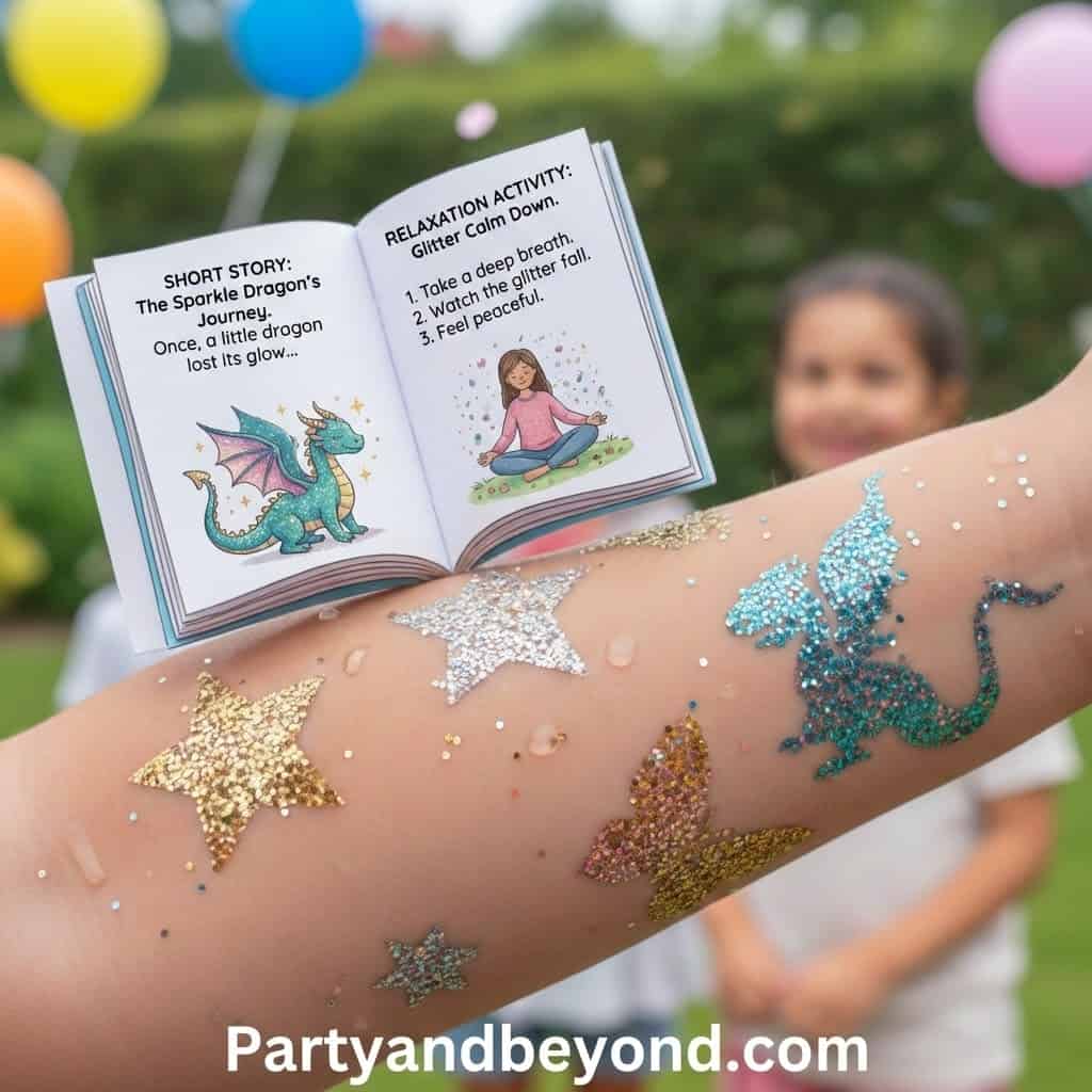 Kids spa party with glittery dragon-themed decorations and fun activities.