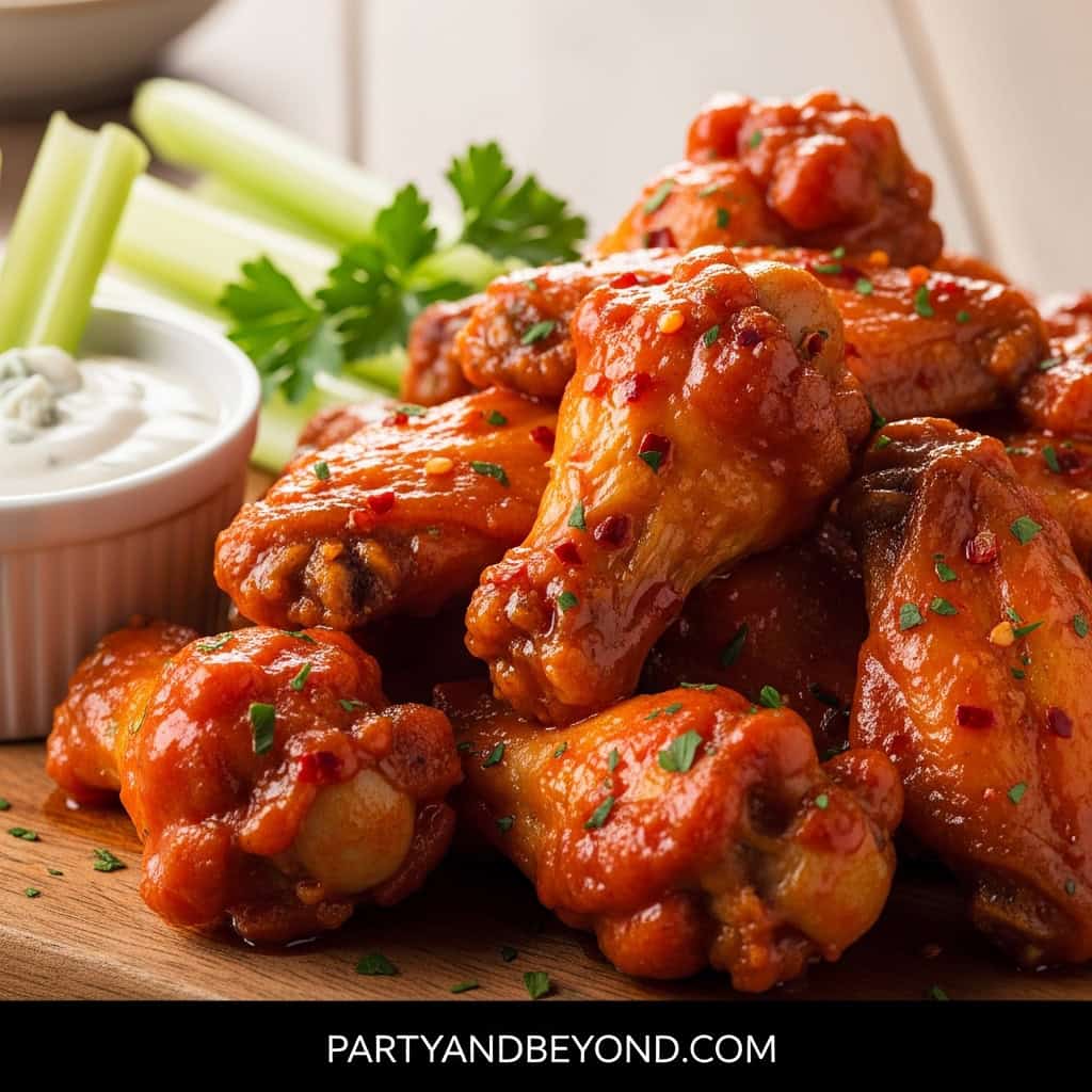Delicious spicy chicken wings with tangy sauce, perfect for Super Bowl snacks. Crowd-pleasing finger.