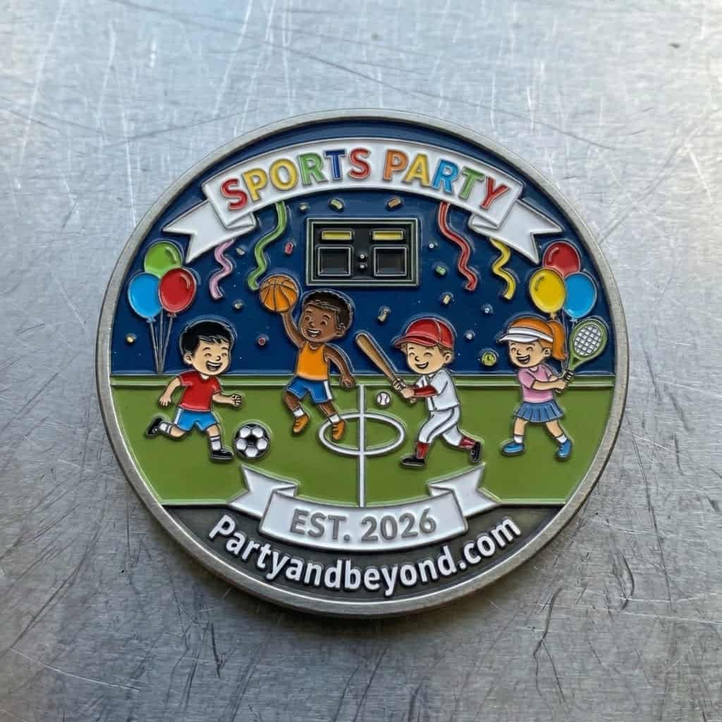 Sports party badge with children playing soccer, basketball, and tennis outdoors.