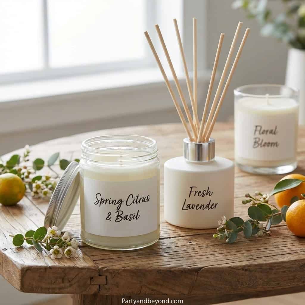 Scented candle with citrus and basil aroma, perfect for spring décor.