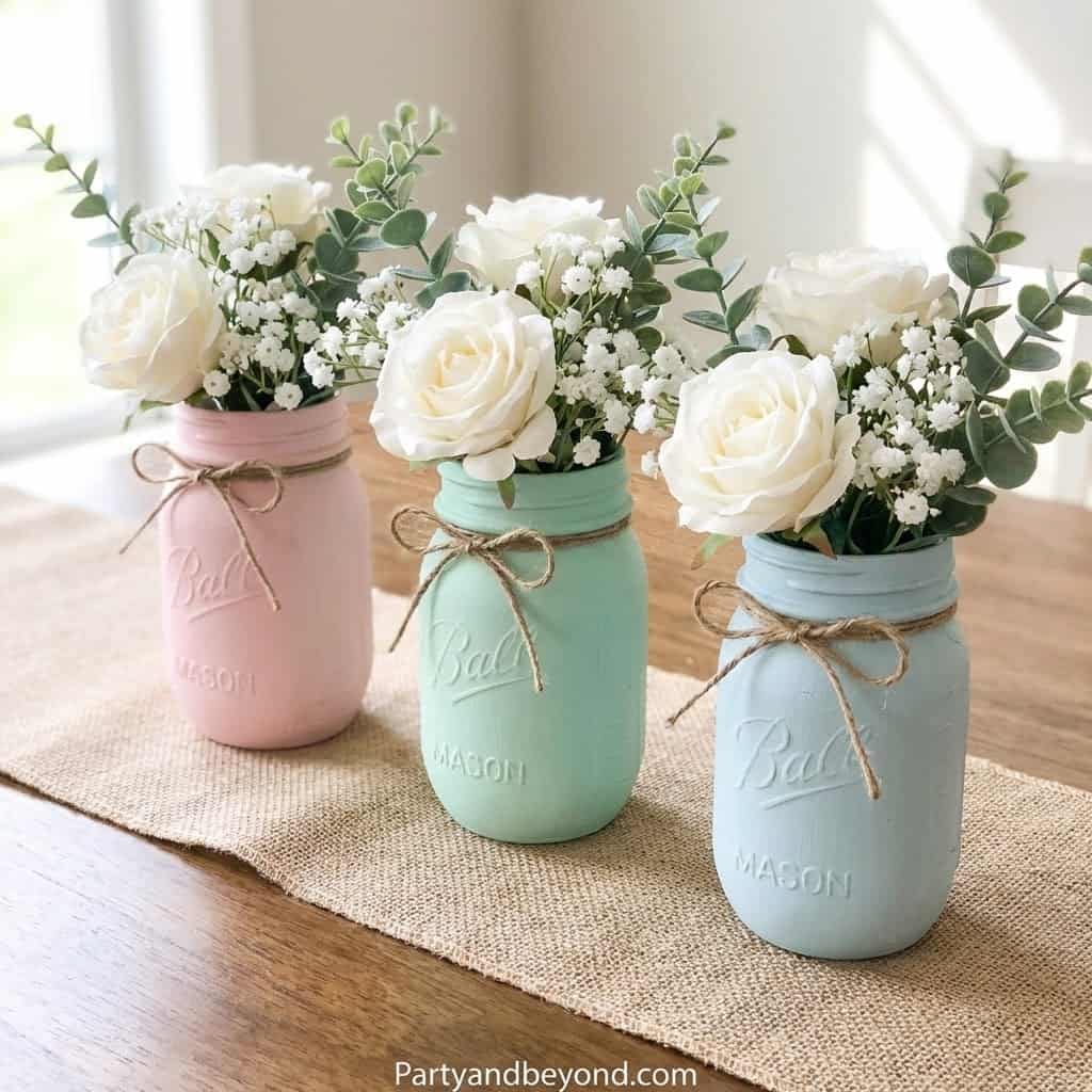 Beautiful Easter flower centerpieces in pink, mint, and blue Mason jars.