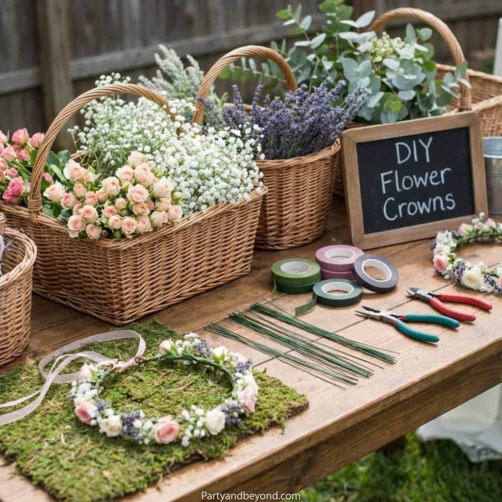 DIY flower crown making kit with pastel flowers and greenery for Easter celebrations.
