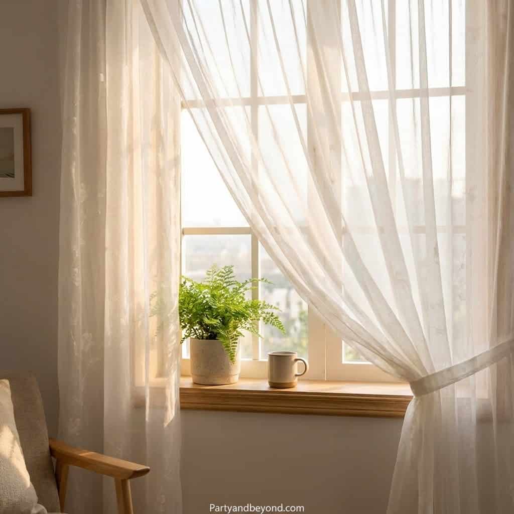 Bright window with sheer curtains and potted plant for spring décor.