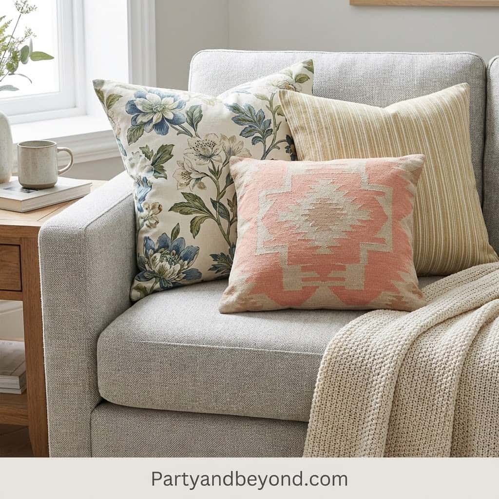 Cozy living room with floral and patterned throw pillows for spring décor refresh.