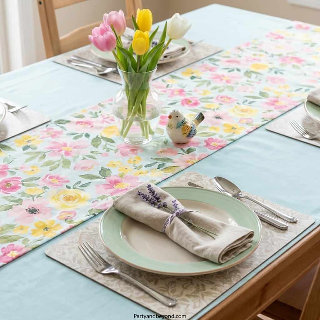 Bright floral table runner with tulips and lavender accents.