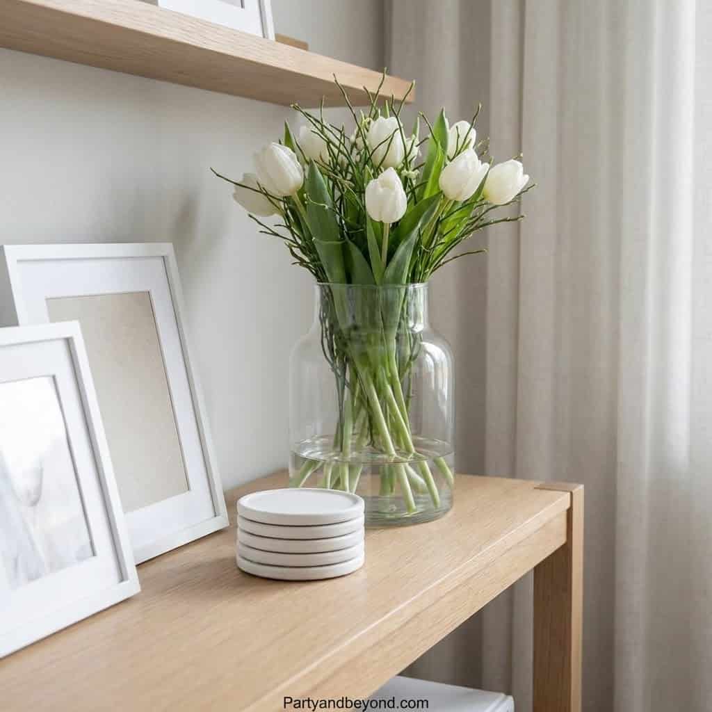 Elegant tulip bouquet in a glass vase for spring home décor refresh.