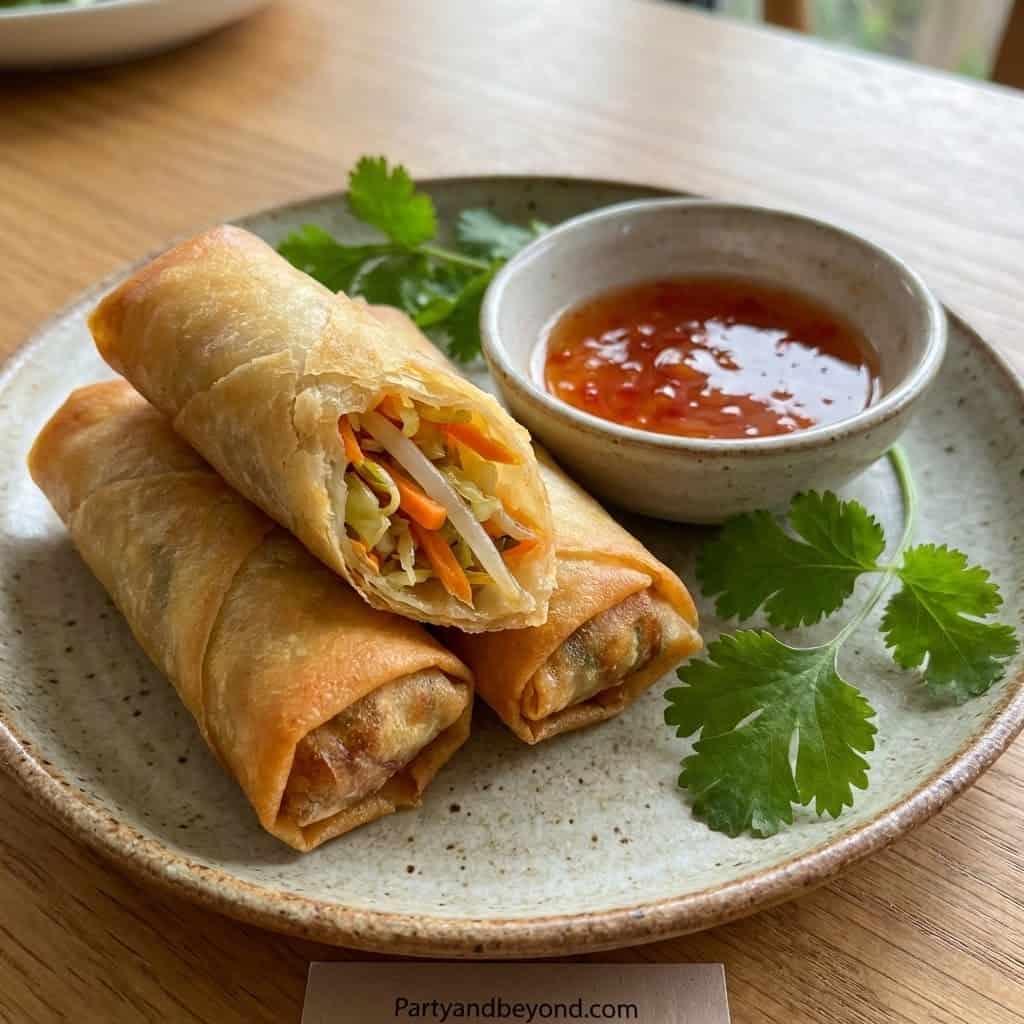 Spring rolls with fresh vegetables and dipping sauce, perfect for budget-friendly party snacks.