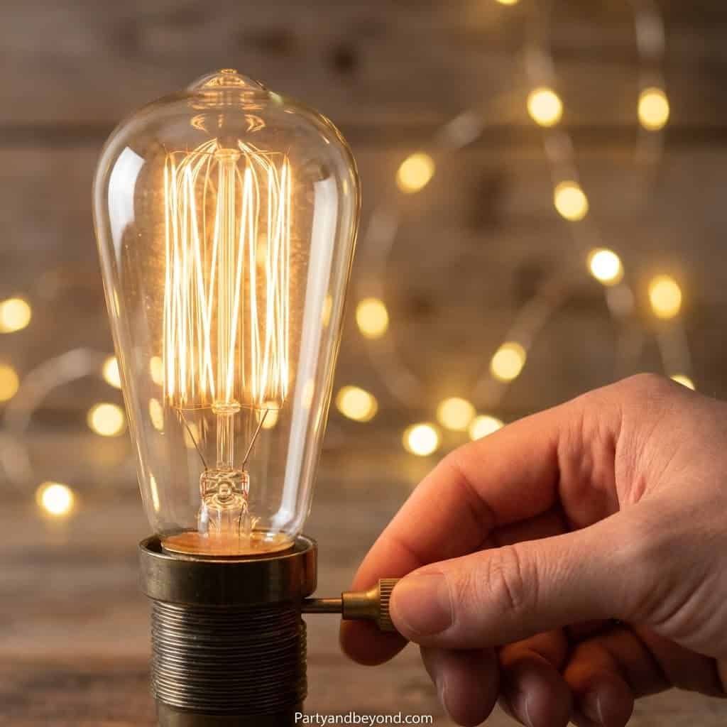 Vintage filament bulb with string lights creating warm, cozy ambiance for adult birthday celebration.