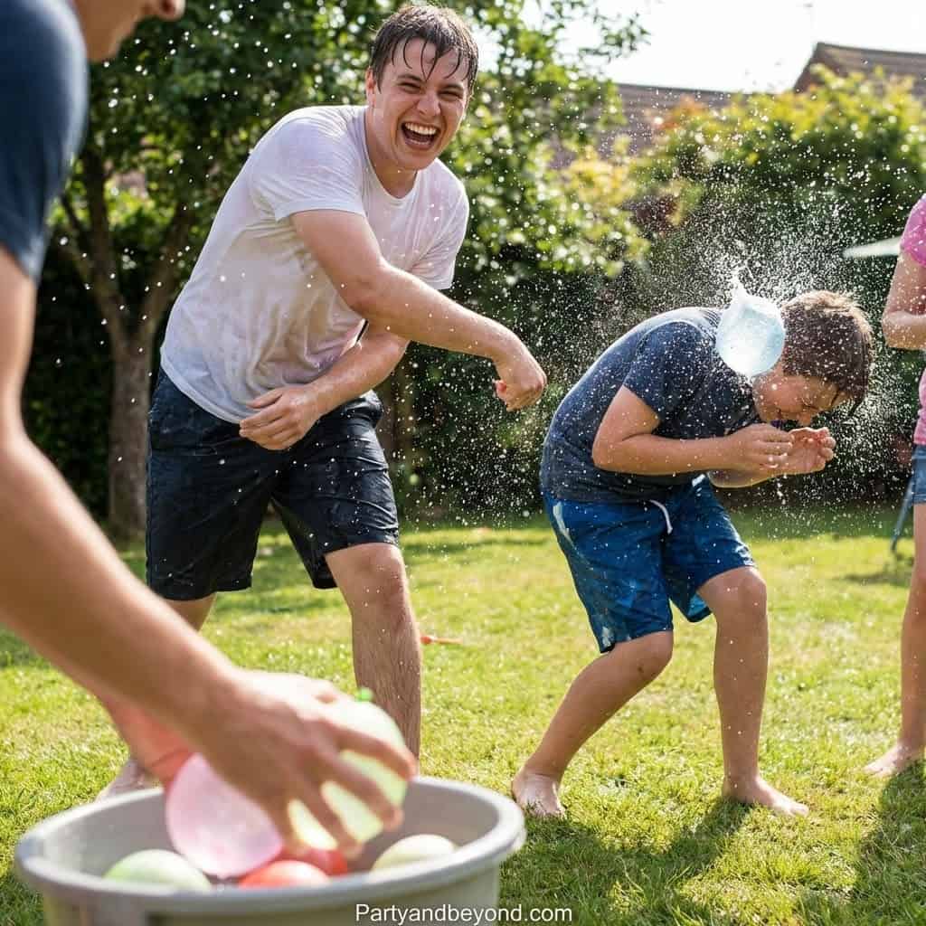 Kids having fun with water balloons outdoors on a sunny summer day.