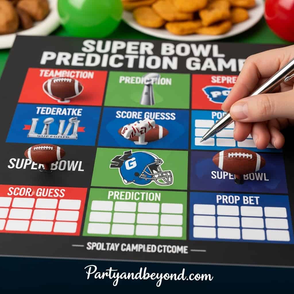 Interactive Super Bowl prediction game with football-themed markers and score sheets.