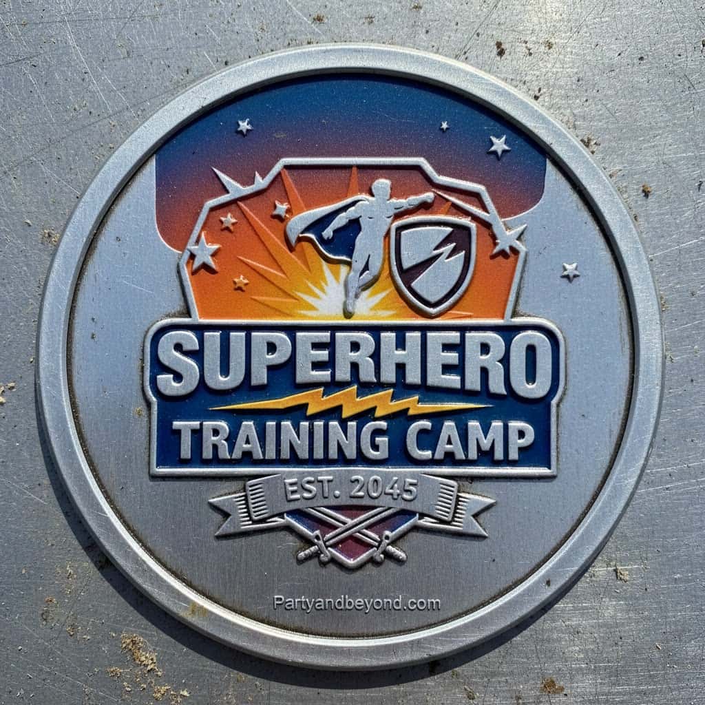 Superhero training camp badge with hero figure, shield, and lightning bolt design.