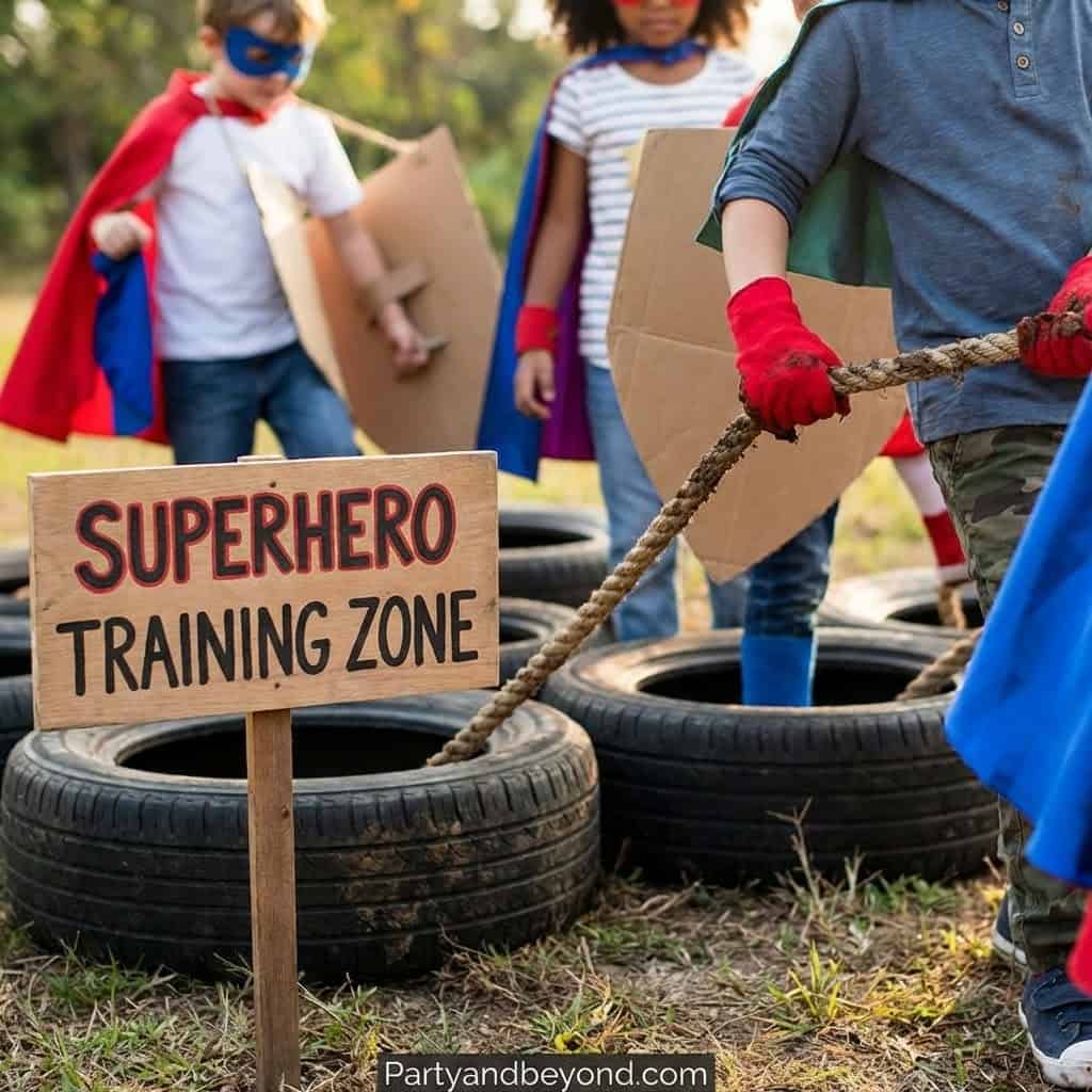 Kids participating in superhero-themed outdoor game with tires and a rope.