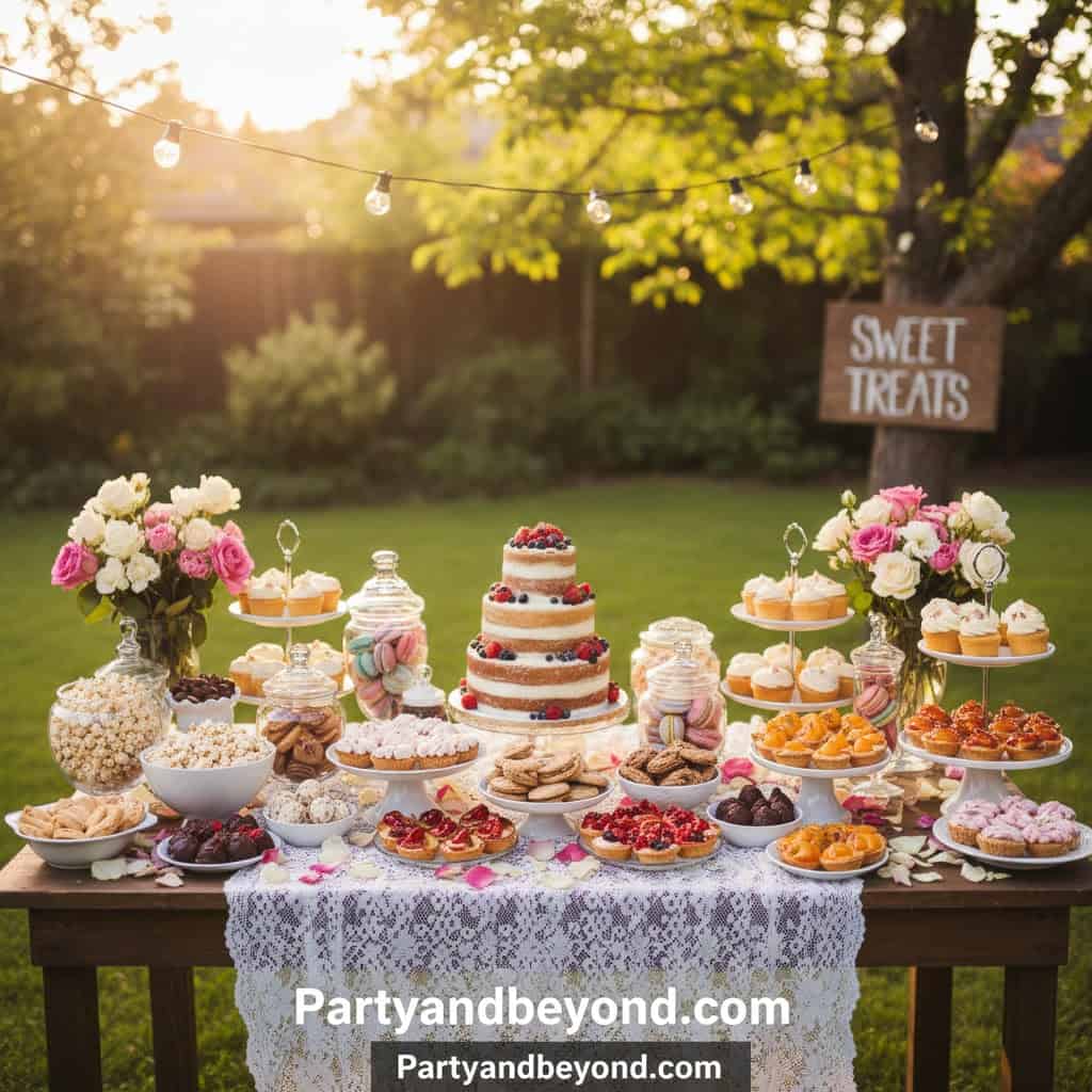 Outdoor birthday dessert table with cakes, cupcakes, and treats. Perfect for low-budget adult backya.