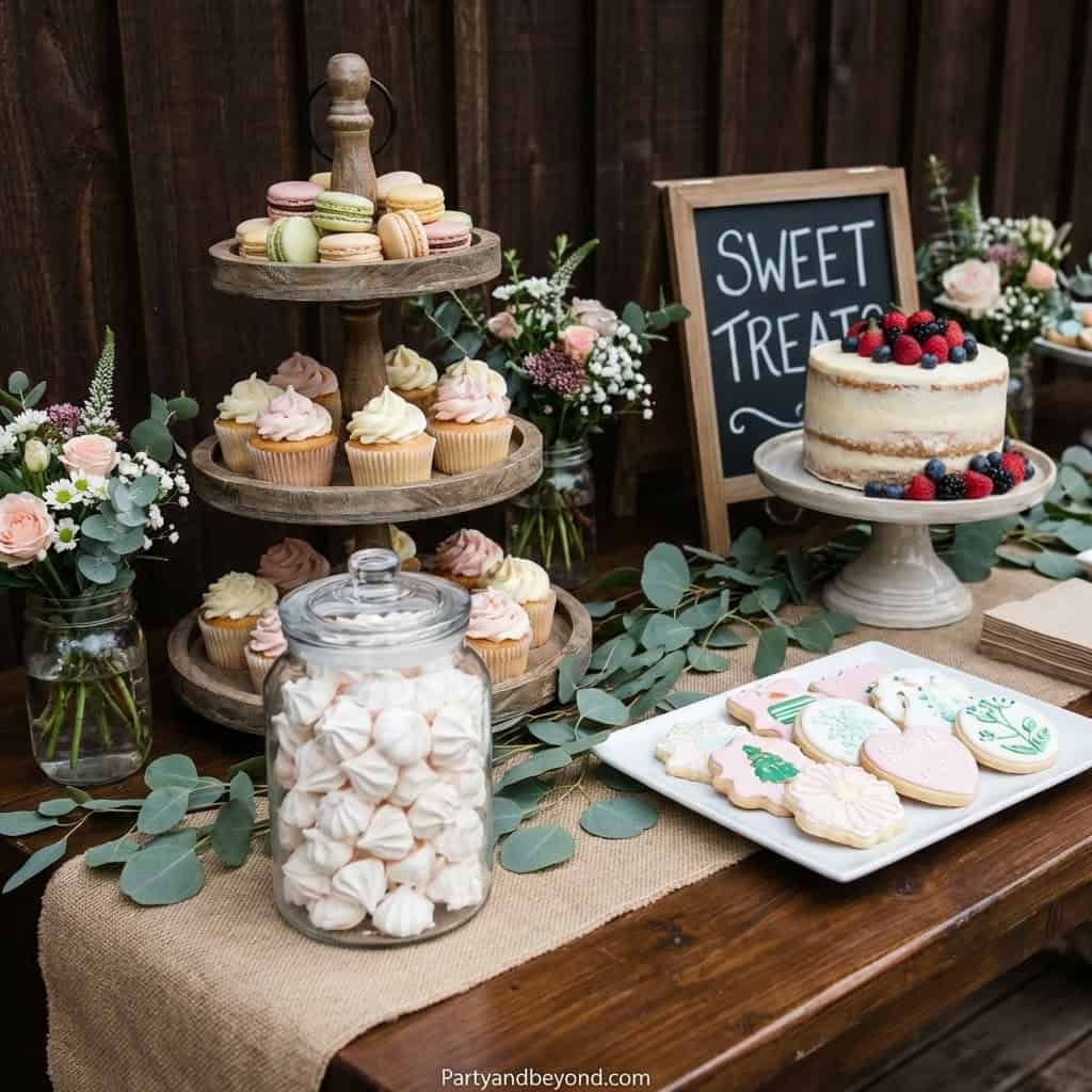 Colorful cupcakes, macarons, and a cake with berries for birthday celebration.