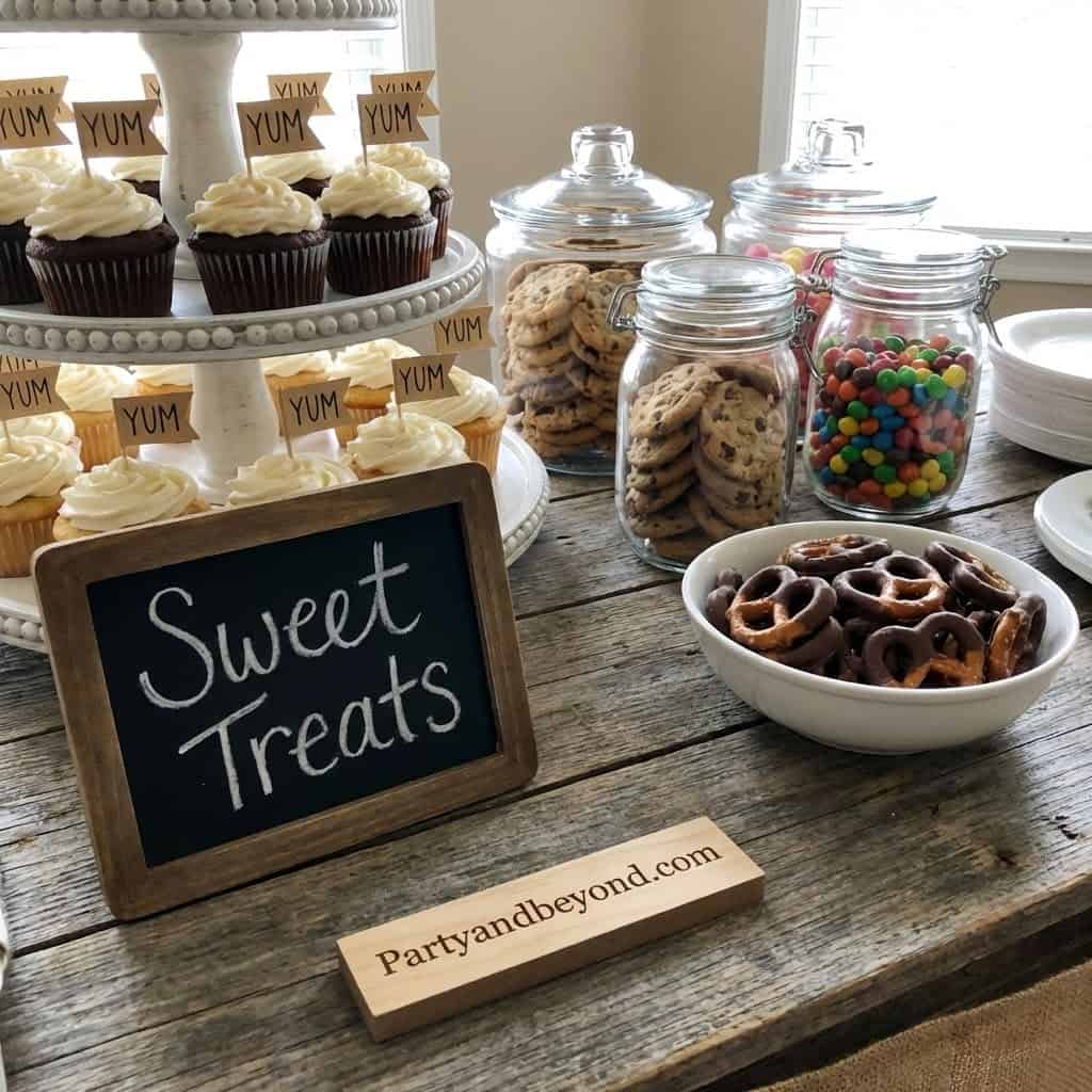 Colorful cookies, cupcakes, and candies on a rustic table for a fun party dessert table.