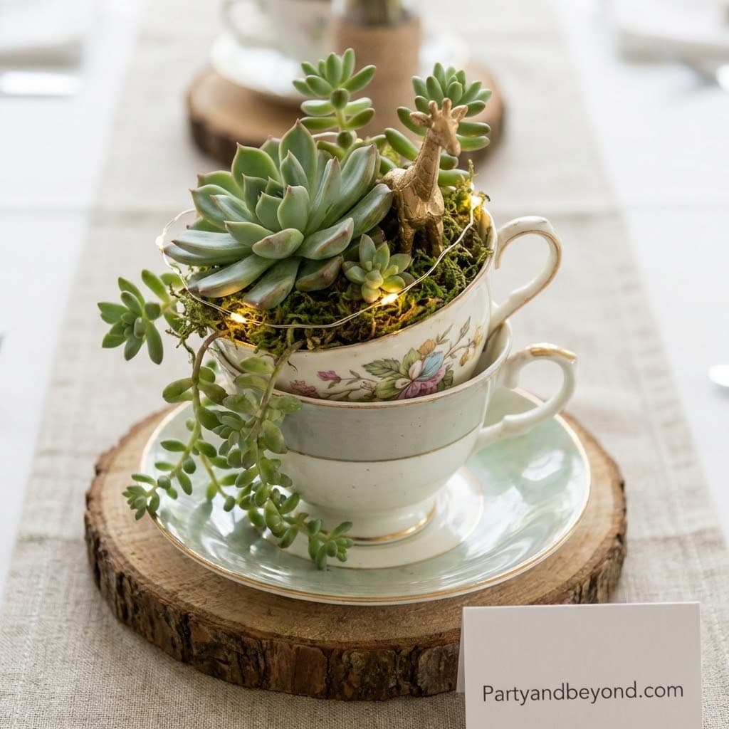 Succulent plant arrangement in teacups for Nemo birthday party decor, ideal for creative and eco-fri.
