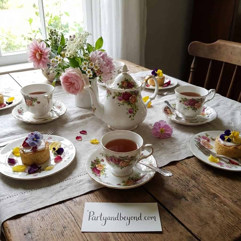 Elegant floral china tea set with cake and flowers for a flower-themed birthday celebration.