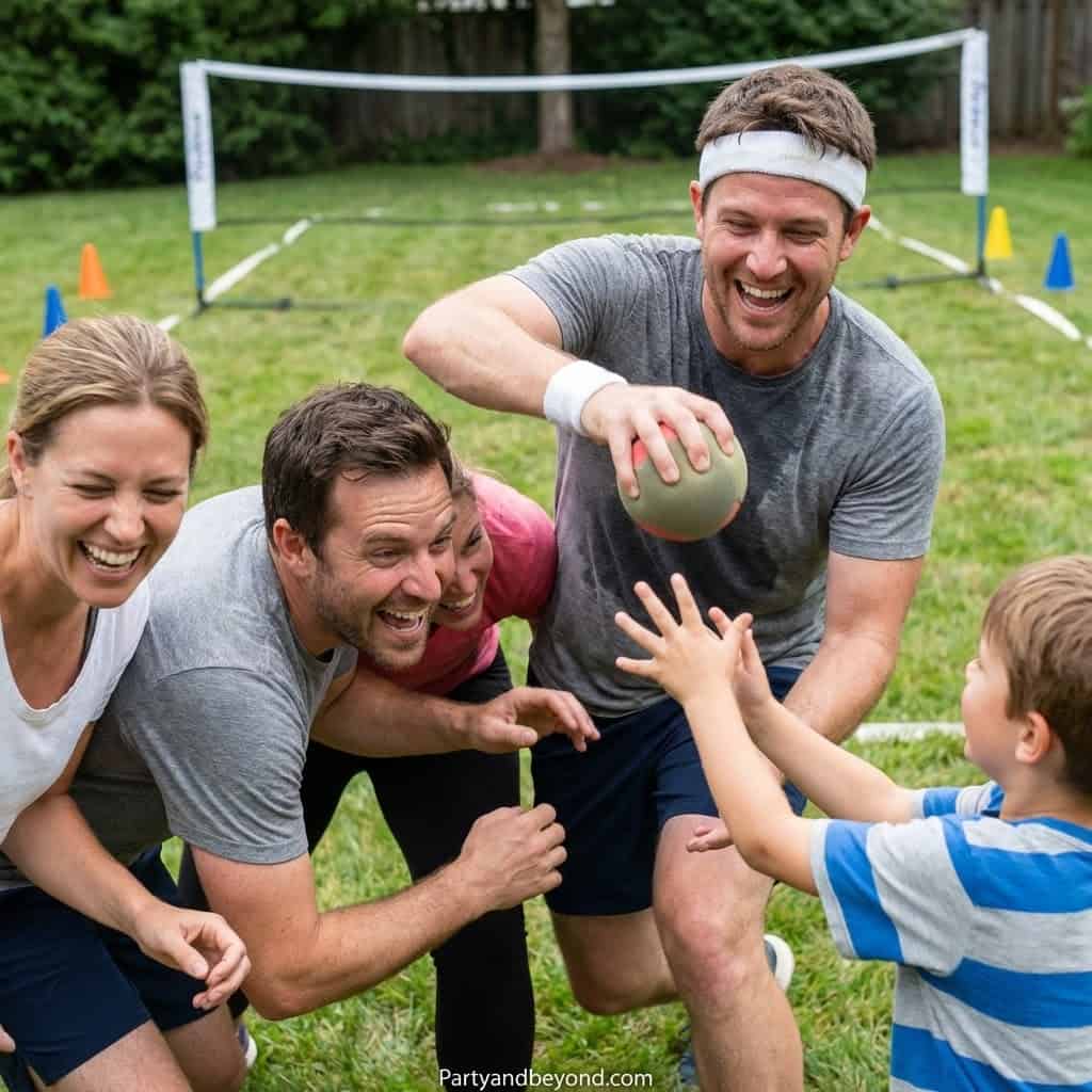 Kids and adults playing outdoor team games at a party, fun and active entertainment.