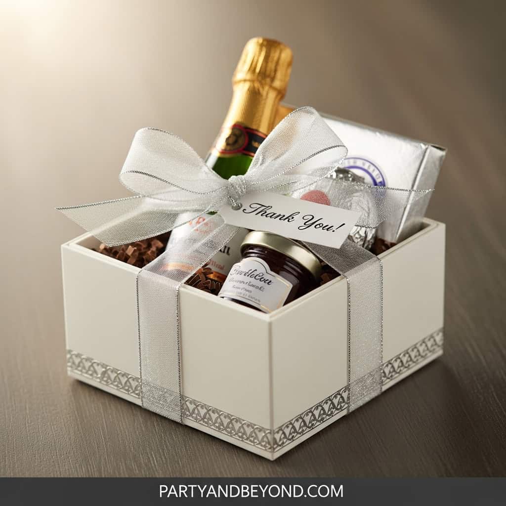 Elegant gift box with champagne, chocolates, and a thank you note for dim sum and dumpling party gue.