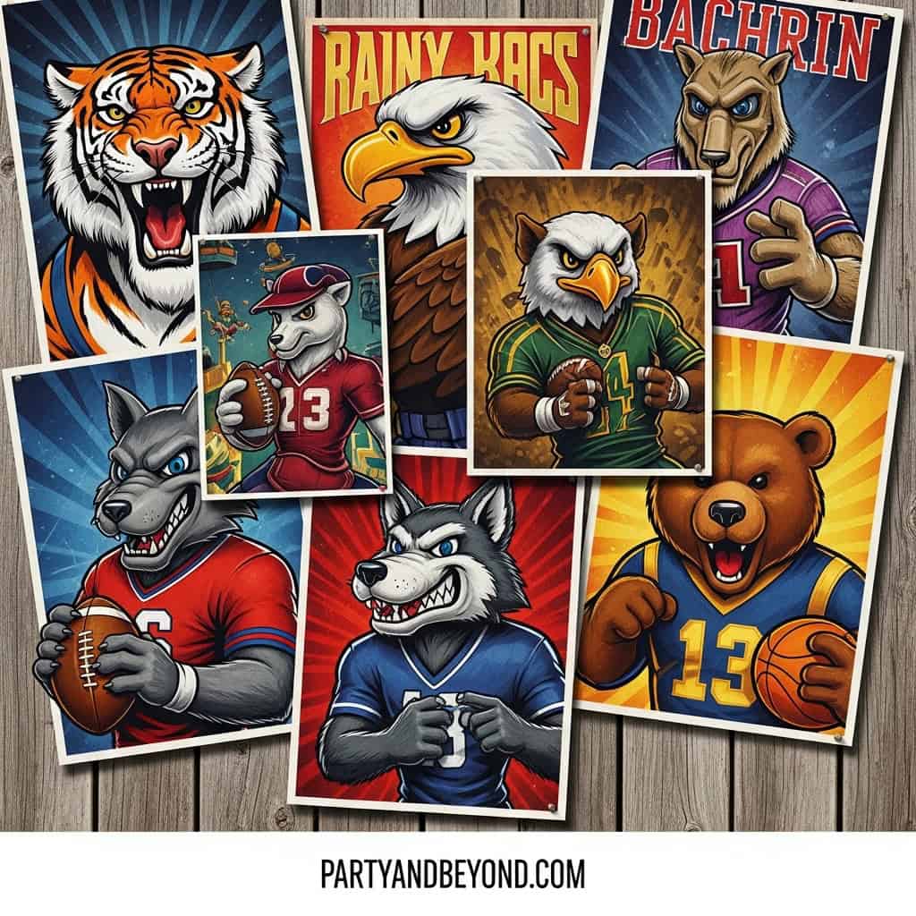 Colorful football-themed animal game day decorations for Super Bowl parties.